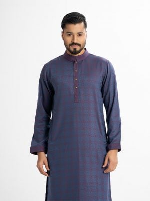 Men's semi fitted panjabi in Jacquard fabric. Mandarin collar, full sleeves.