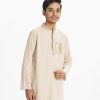 Teen Boys panjabi in cotton fabric. Mandarin collar, inseam pockets. Embroidery at collar, placket and pocket.