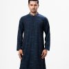 Men's semi fitted panjabi in jacquard fabric. Karchupi at mandarin collar. Inseam pockets.