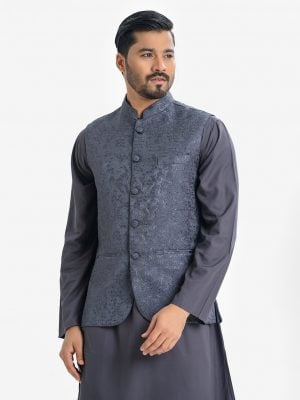 Men's Waistcoat in Jacquard fabric. Mandarin collar, sleeveless, straight hem with button closure and three pockets at front.