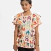 Multi-color printed tunic in cotton fabric. Round neck, ruffle sleeves and frill hem.
