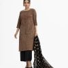 Women's straight salwar kameez in joom fabric. Round neck, three-quarter sleeved and karchupi at the front. Complemented with crepe palazzo pants and half-silk dupatta.