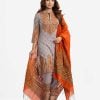 Women's printed straight kameez in viscose fabric. Stand collar, quarter-sleeved. Karchupi at the front. Half-silk dupatta with viscose culottes pant.