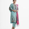 Women's printed Salwar Kameez in joom fabric. Round neck, three-quarter bell sleeves and karchupi at the front of kameez. Half-silk dupatta with pant pajamas.