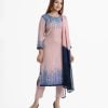 Women's straight salwar kameez in joom fabric. Round neck, three-quarter sleeved and karchupi at the front. Complemented with pant and chiffon dupatta.