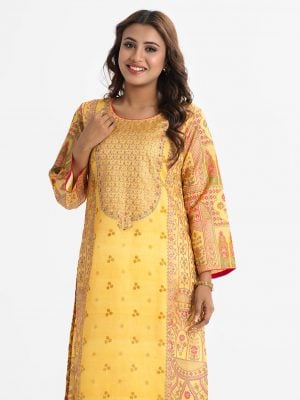 Exclusive printed straight kameez in Mosline from Nargisus by Le Reve. Round neck, three-quarter sleeved. Karchupi at the front and crepe inner.