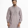 Men's slim fitted panjabi in cotton fabric. Mandarin collar, inseam pockets. and embroidery at the top front.