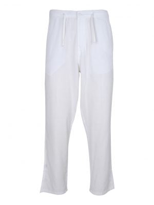 Men's pant pajama in blended cotton fabric. Two zippers fly side pockets with adjustable knots and two back pockets.