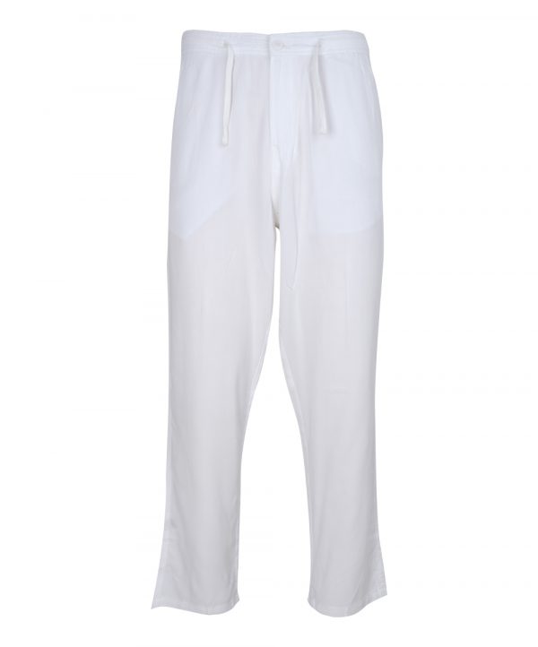 Men's pant pajama in blended cotton fabric. Two zippers fly side pockets with adjustable knots and two back pockets.