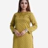 Printed straight kameez in crepe fabric. Boat neck, full-sleeved. karchupi at the front.
