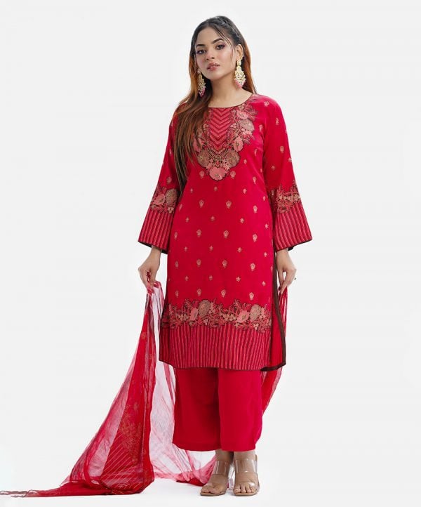 Women's straight salwar kameez in joom fabric. Round neck, long sleeved and karchupi at the front. Complemented with pants and georgette dupatta.