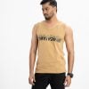 Men's slim fit gym vest in cotton single jersey fabric. Round neck, sleeveless. Print detail at front.