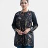 Printed A-line tunic in cotton fabric. Long-sleeves, stand collar and karchupi at the front.
