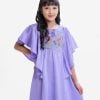 Kid girls frock in crepe fabric. Butterfly-sleeved, round neck. Karchupi at front.