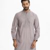 Men's semi fitted panjabi in cotton fabric. Mandarin collar, inseam pockets. and embroidery at the top front.