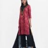 Women's exclusive salwar kameez from Nargisus by Le Reve in jacquard fabric. Round neck, three-quarter sleeved and karchupi at the front with tassel. Complemented with crepe palazzo and georgette dupatta.