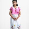 Kid girl's woven set in stripe-printed georgette and viscose fabric. Baby collar, short sleeves and shirt style with front bow attached top. Side lace attach and playful print detail at the front of the skirt.