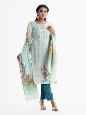 Women's printed salwar kameez in joom fabric. Three-quarter sleeves, boat neck kameez with karchupi at front. Half-silk dupatta with pant-style pajamas.