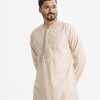 Mens slim-fitted panjabi in cotton fabric. Mandarin collar and inseam pockets. Embroidery at the front.