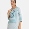 Printed straight kameez in joom fabric. Round neck, Three-quarter sleeved. Embroidery and karchupi at the top front.
