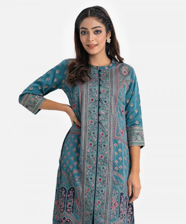 Printed A-line kameez in crepe fabric. Stand collar, three-quarter sleeved. Karchupi at the front