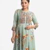 Women's A-line long tunic in floral printed georgette fabric. Stand collar, three-quarter sleeves. Karchupi at front and sleeves.