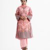 Women's printed Salwar Kameez in crepe fabric. V-neck, three-quarter bell sleeves and karchupi at the front of kameez. Chiffon dupatta with palazzo pants.