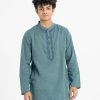 Men's slim-fitted panjabi in cotton fabric.Mandarin collar and inseam pockets. Karchupi and embroidery at the front.