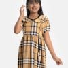 Kid's girl burberry check frock in georgette fabric. Baby collar, puff-sleeved. princess cut at the front and gathered at the waistline with waist belt.