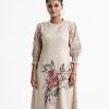 Floral printed straight kameez in crepe fabric. Mock neck and lantern sleeves. Karchupi at front.