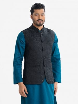 Men's Waistcoat in Jacquard fabric. Mandarin collar, sleeveless, straight hem with button closure and three pockets at front.
