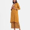 Printed lapel collar with karchupi top-bottom set abaya in crepe fabric., Long sleeves, a button fastening at the front top and palazzo pant.