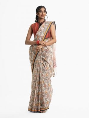 Women's ethnic themed cotton saree with weaving details.