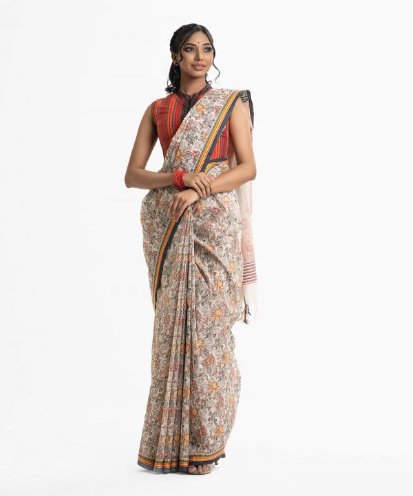 Women's ethnic themed cotton saree with weaving details.