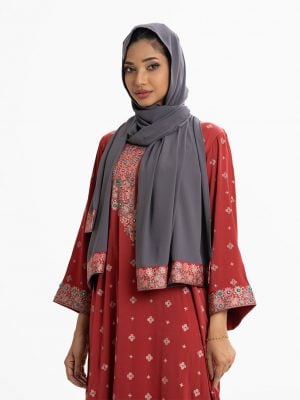 Women's ethnic printed abaya with hijab set in joom fabric. Round collar, full sleeves. Georgette fabric hijab with tassel ties.