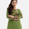 Printed straight kameez in crepe fabric. Boat neck, three-quarter sleeved and karchupi at the front.