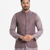 Men's Waistcoat in Jacquard fabric. Mandarin collar, sleeveless, straight hem with button closure and three pockets at front.