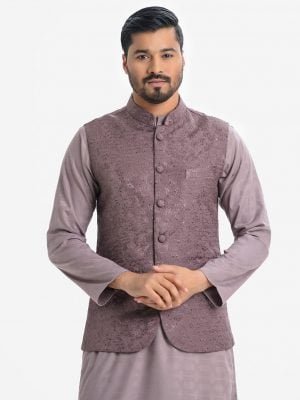 Men's Waistcoat in Jacquard fabric. Mandarin collar, sleeveless, straight hem with button closure and three pockets at front.