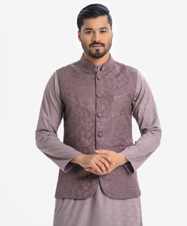 Men's Waistcoat in Jacquard fabric. Mandarin collar, sleeveless, straight hem with button closure and three pockets at front.