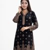 Women's straight printed kameez in viscose fabric. V-neck, full sleeves. Patchwork at collar, placket and side border. Karchupi at front hemline and sleeves.