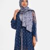 Printed abaya set in zoom fabric. V-neck. Attached patch at the front and full-sleeved. A georgette dupatta with tassel tie.