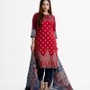 Women's ethnic printed Salwar Kameez in joom fabric. Round neck, three-quarter sleeves and embroidery at the front of kameez. Half-silk dupatta with pant pajamas.