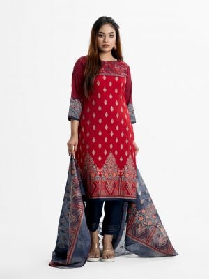 Women's ethnic printed Salwar Kameez in joom fabric. Round neck, three-quarter sleeves and embroidery at the front of kameez. Half-silk dupatta with pant pajamas.
