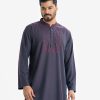 Men's solid color premium panjabi in blended fabric. Mandarin collar with metal buttons placket. Karchupi at front.