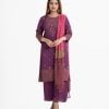 Women's printed Salwar Kameez in crepe fabric. Boat neck, three-quarter sleeves and karchupi at the front of kameez. Chiffon dupatta with palazzo pants.