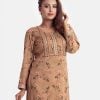 Printed long straight kameez in joom fabric. Round neck and long sleeved. Karchupi at the front and attach patch at side and hemline.