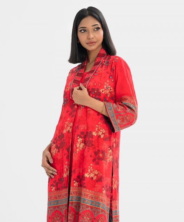 Exclusive tunic with shrug from Nargisus by Le Reve. Front single button opening with karchupi work high collar, three-quater sleeved, silk & viscose blended fabric shrug with attach tunic.