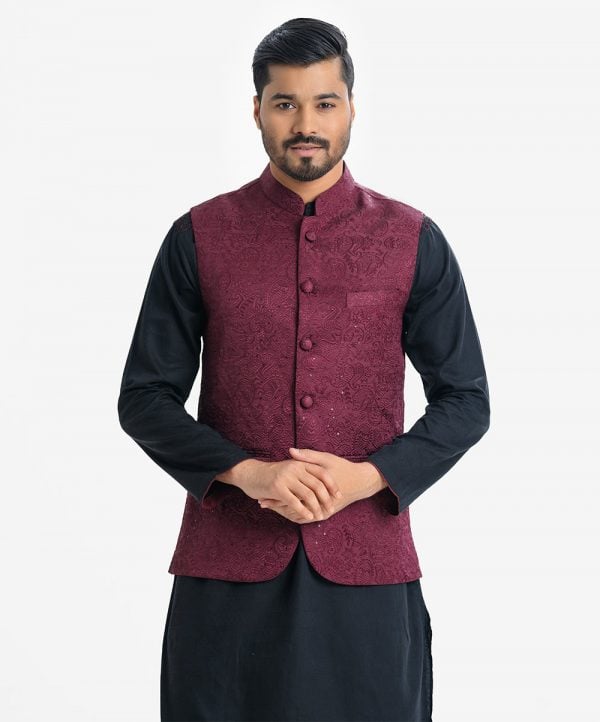 Men's Waistcoat in Jacquard fabric. Mandarin collar, sleeveless, straight hem with button fastening and three pockets at front.