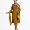 Women's printed Salwar Kameez in joom fabric. Round neck, three-quarter sleeves and karchupi at the front of kameez. Half-silk dupatta with pant pajamas.