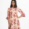 Women's floral printed A-line long tunic in Georgette fabric. Stand collar and three-quarter sleeves with patch & elasticated cuff.